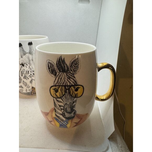 Pier 1 Book Club Giraffe Mugs Clothed Animal Gold Handled Coffee Cups Fine Chin - Picture 6 of 8